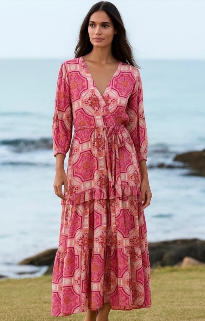 Lea Pink Printed Ruffle Trim Sami Wrap Maxi Dress Pink Medallion Print Sz M New